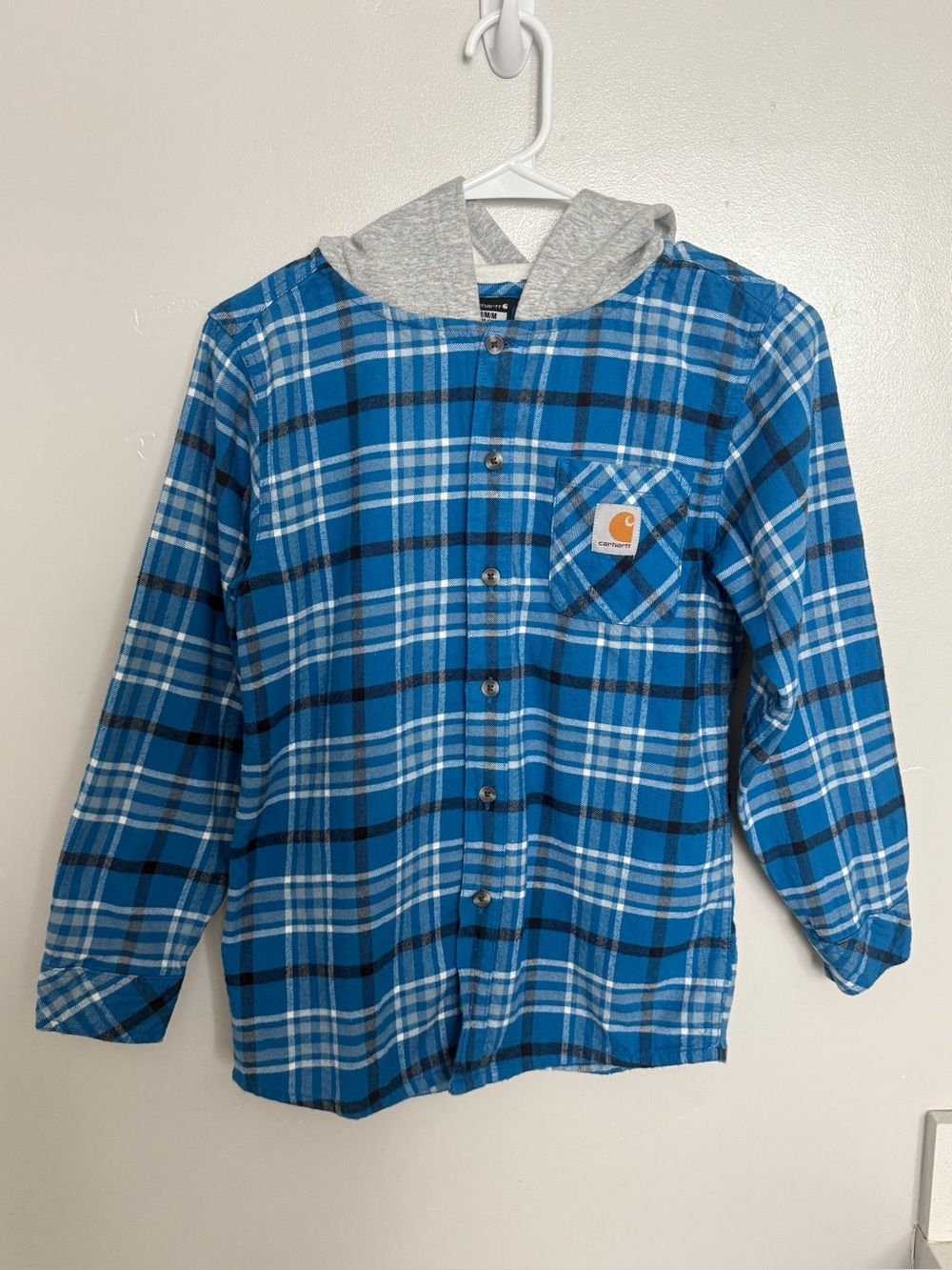 Carhartt Boys' Hooded Flannel Button-Front Long Sleeve Shirt. Size medium.